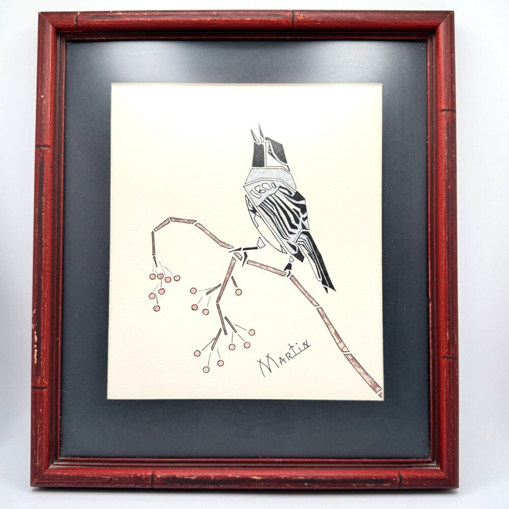 Framed Bird Illustration Signed By Artist Martin Red Bamboo-Style Frame 7.25"